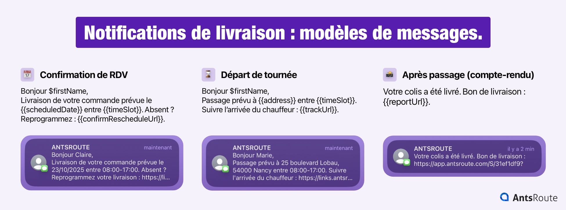 Trois modèles de notification envoyée avec AntsRoute : confirmation de RDV, départ de tournée, après passage du livreur.