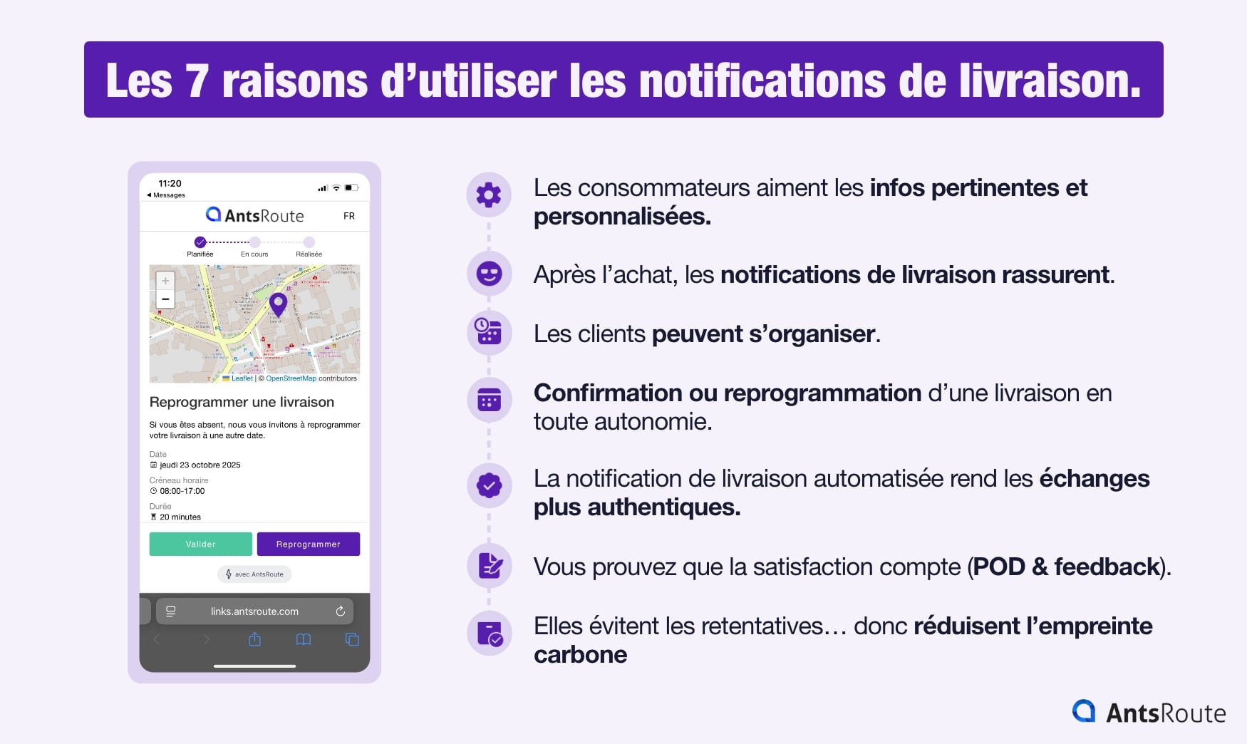 Schéma présentant une liste de 7 raisons d'utiliser des notifications de livraison.