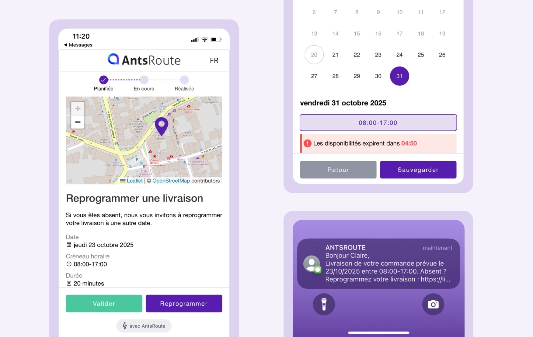 Modèle de notification de livraison envoyée via AntsRoute avec un lien permettant au client de confirmer ou reprogrammer sa livraison.