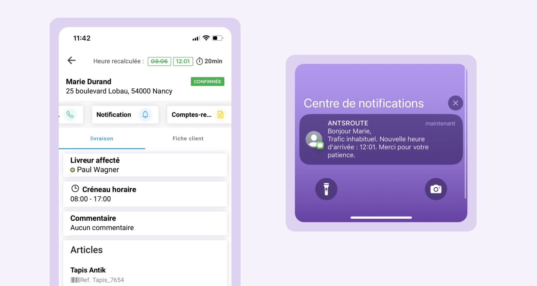 Modèle de notification de livraison envoyée via l’application mobile AntsRoute par le chauffeur-livreur.