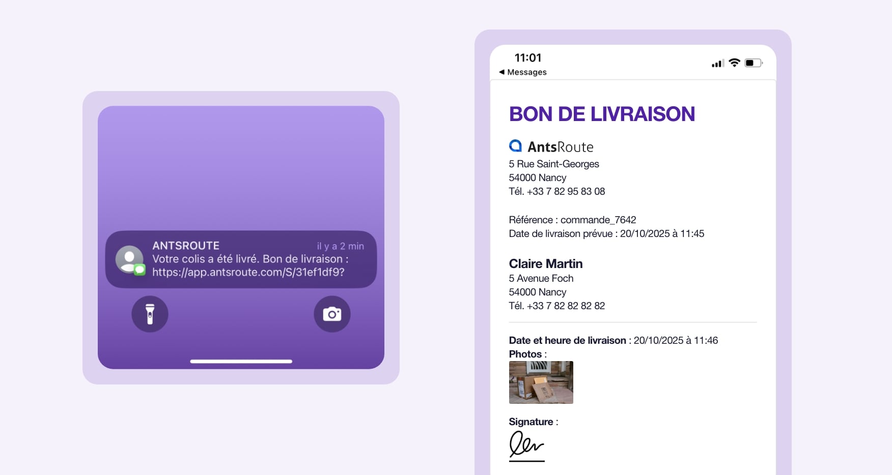 Modèle de notification de livraison avec un lien pour télécharger les preuves de passage envoyé via AntsRoute.