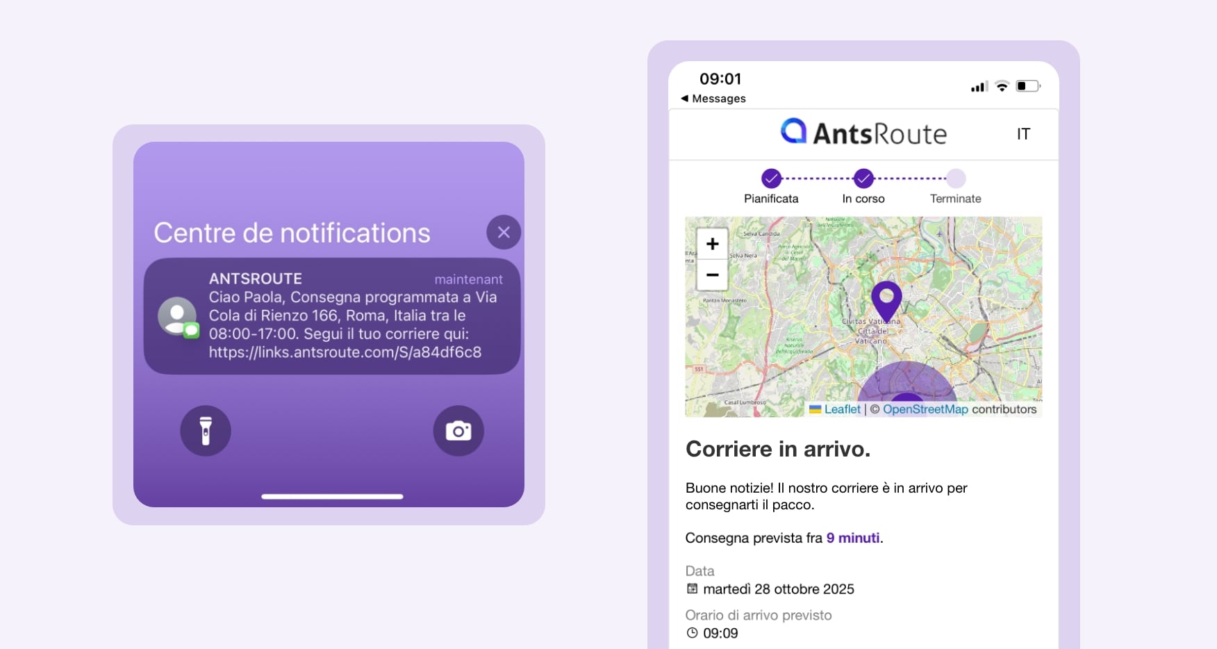 Modello di notifica di consegna che indica l'arrivo imminente del corriere, inviato tramite AntsRoute.
