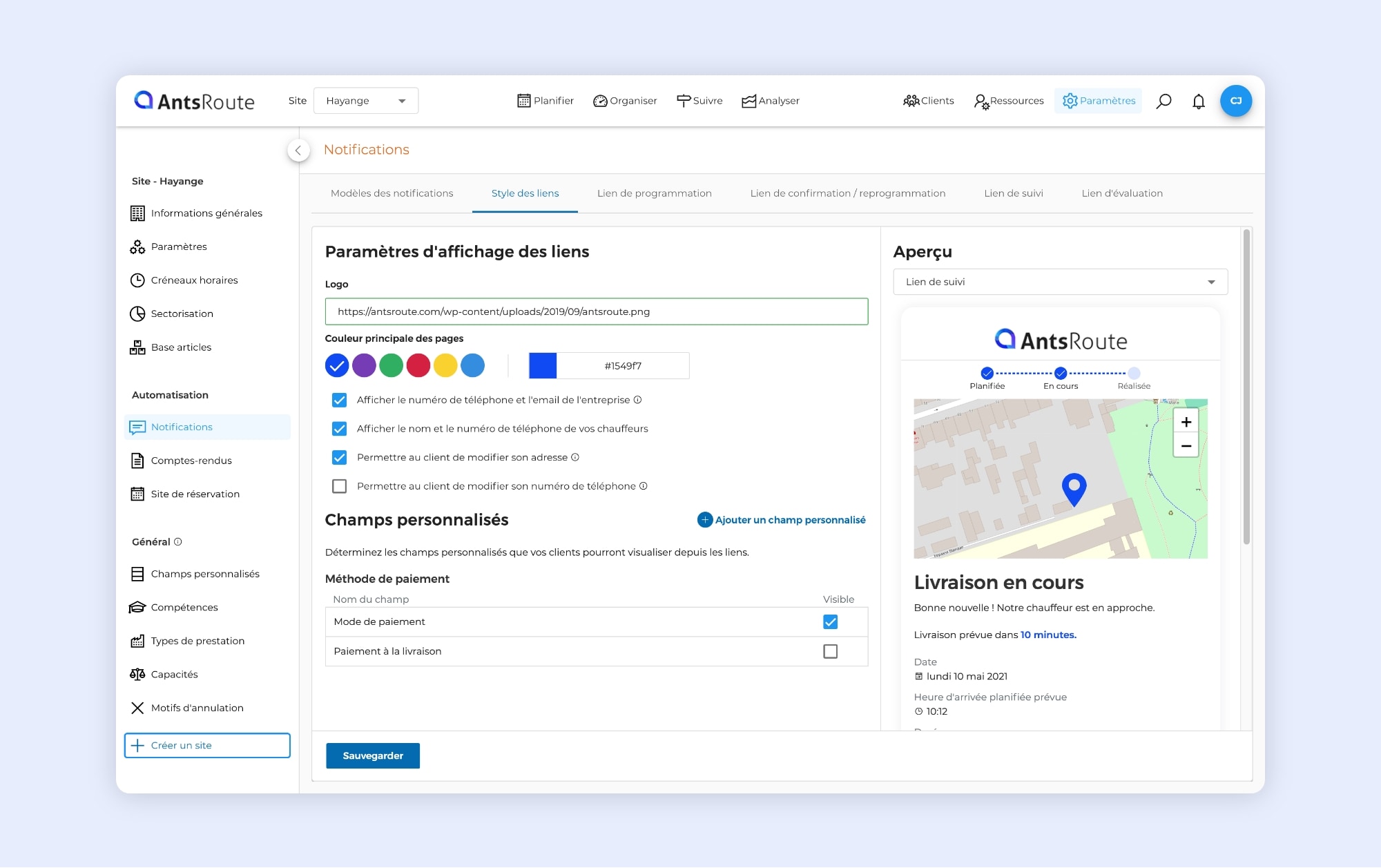 L'interface AntsRoute montrant la configuration du style des liens.