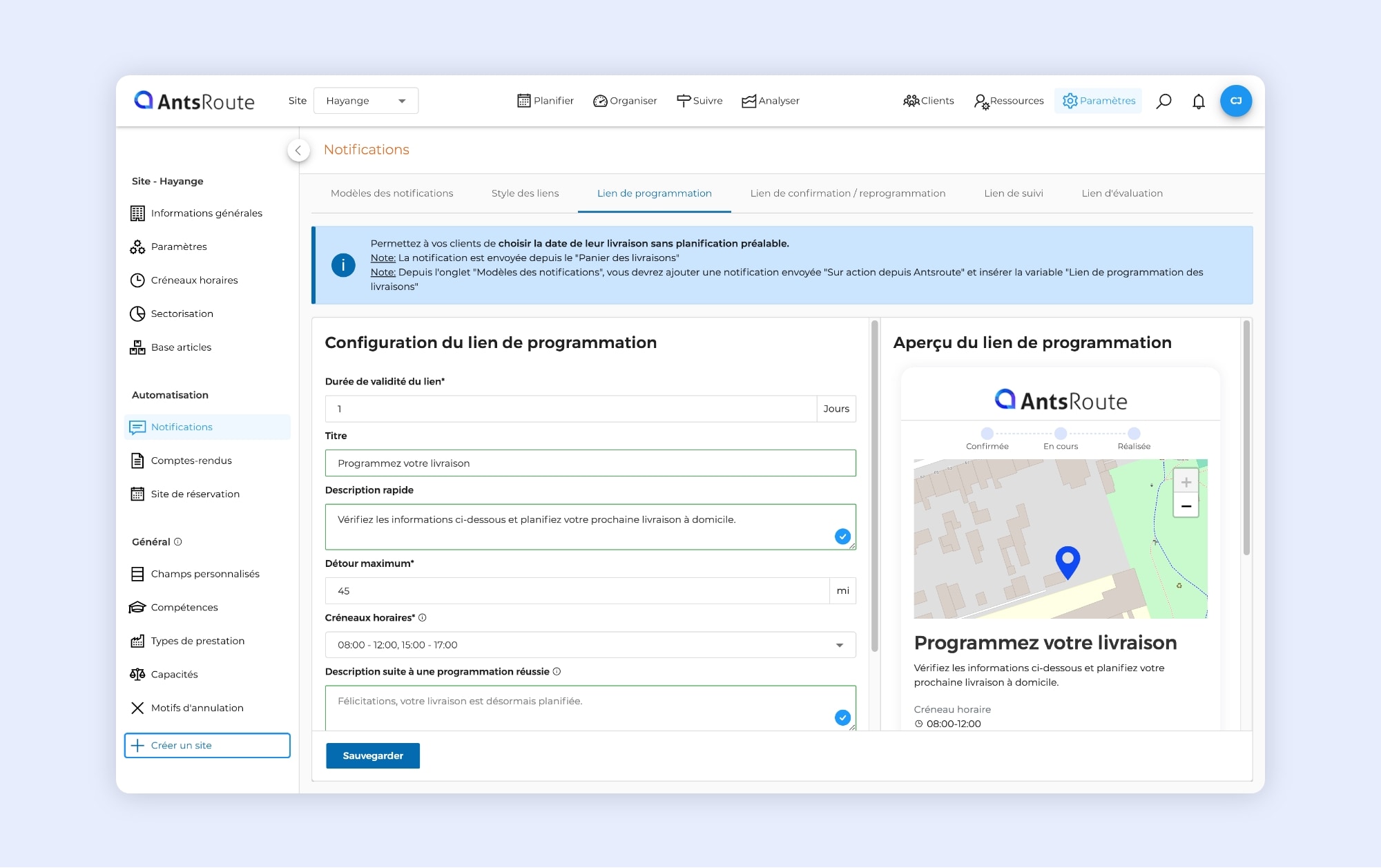 L'interface AntsRoute montrant la configuration du lien de programmation d'une intervention.