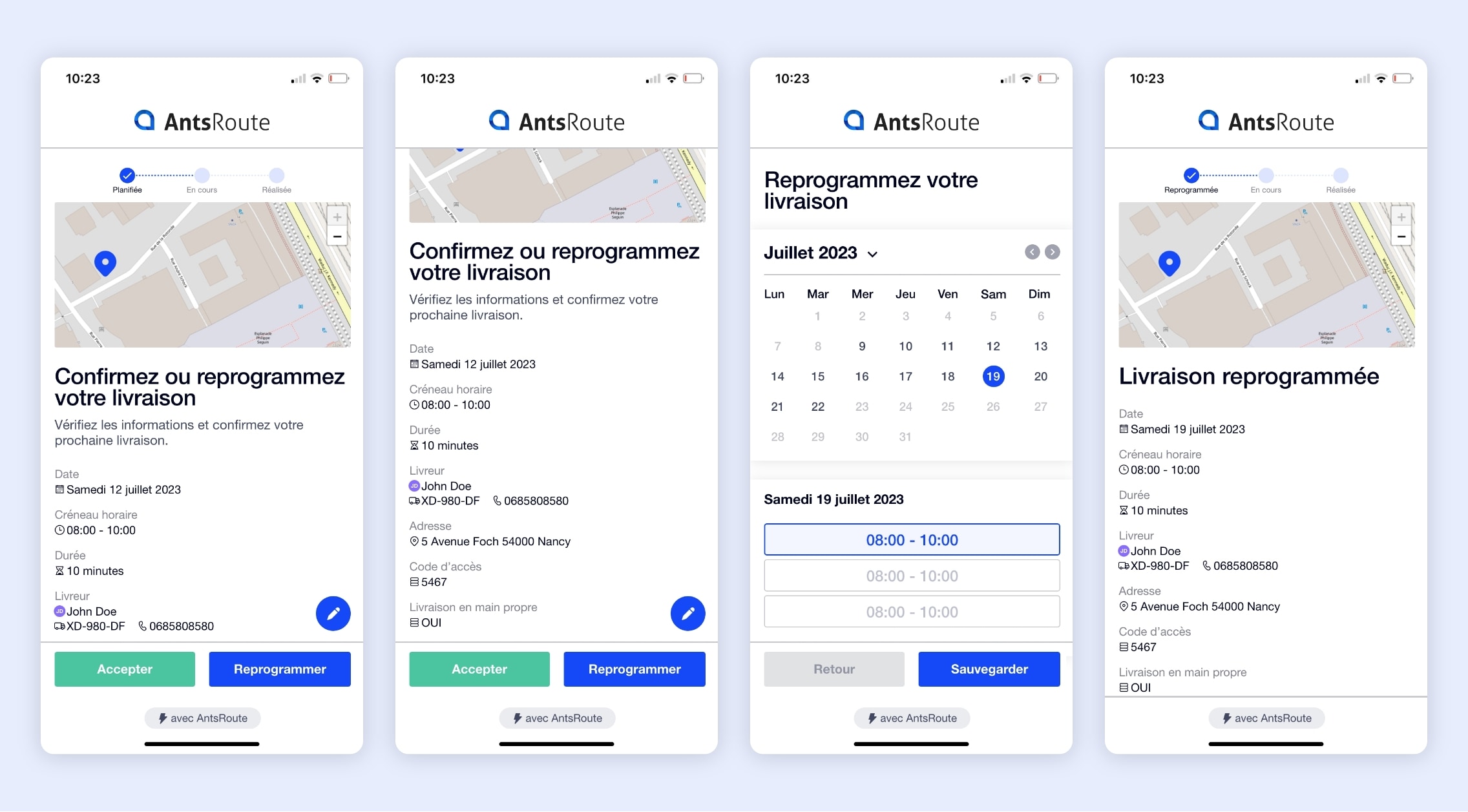 L'affichage du lien de reprogrammation d'une intervention sur AntsRoute.