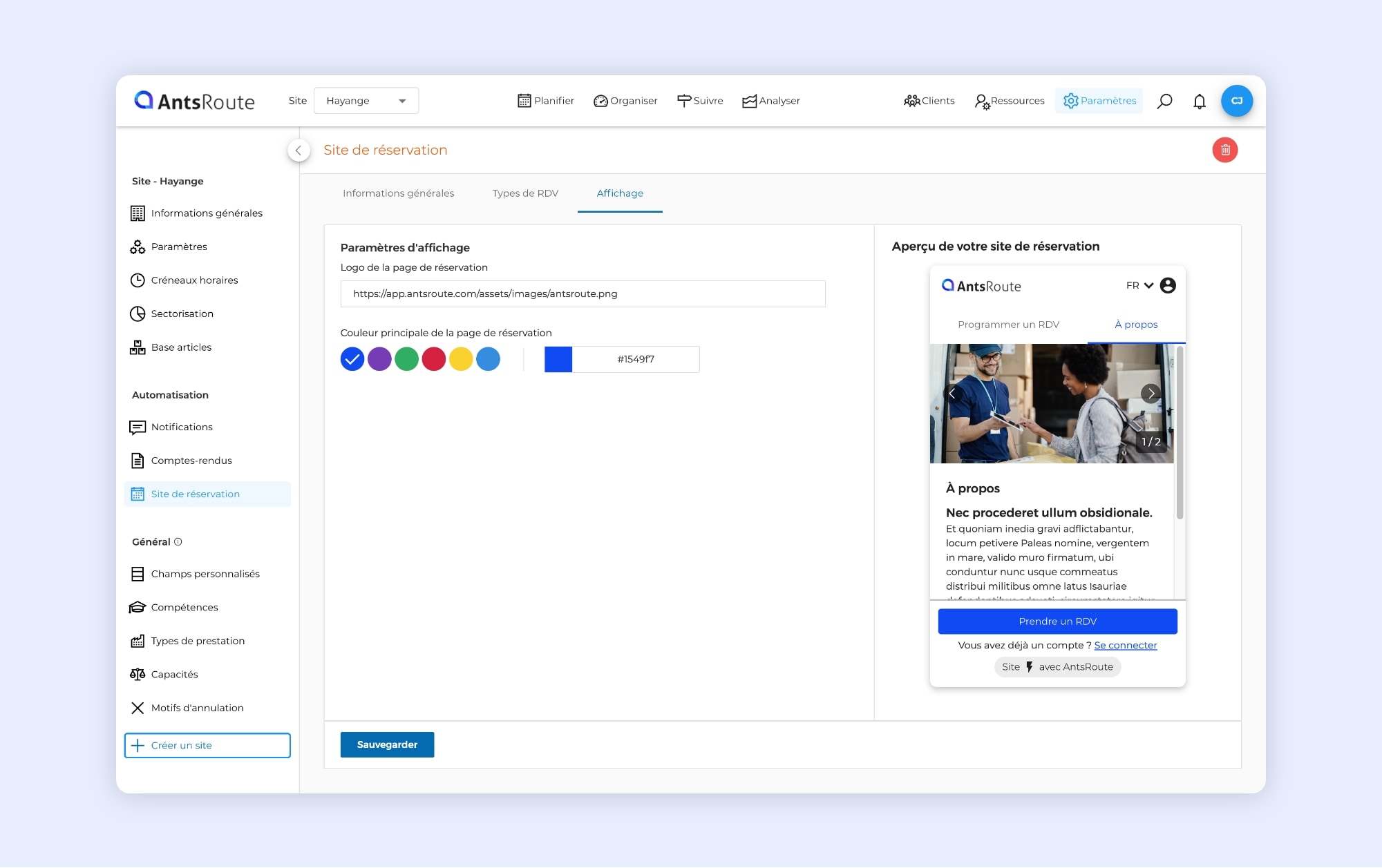 L’interface AntsRoute montrant la configuration du style du site de réservation.