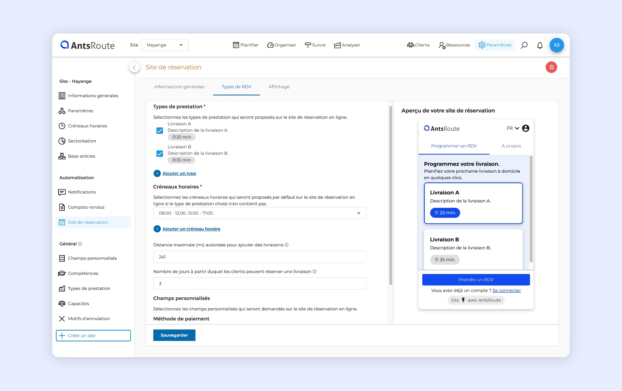 L'interface AntsRoute montrant l'ajout des types de prestations disponibles depuis le site de réservation en ligne.