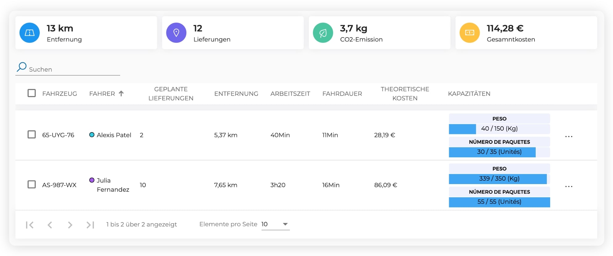 Dashboard, das die Verwaltung der Fahrzeugkapazitäten auf AntsRoute zeigt.