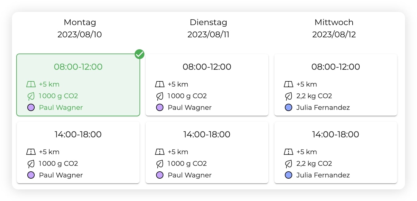 Planungsschnittstelle der AntsRoute-Software, die Verfügbarkeiten zeigt