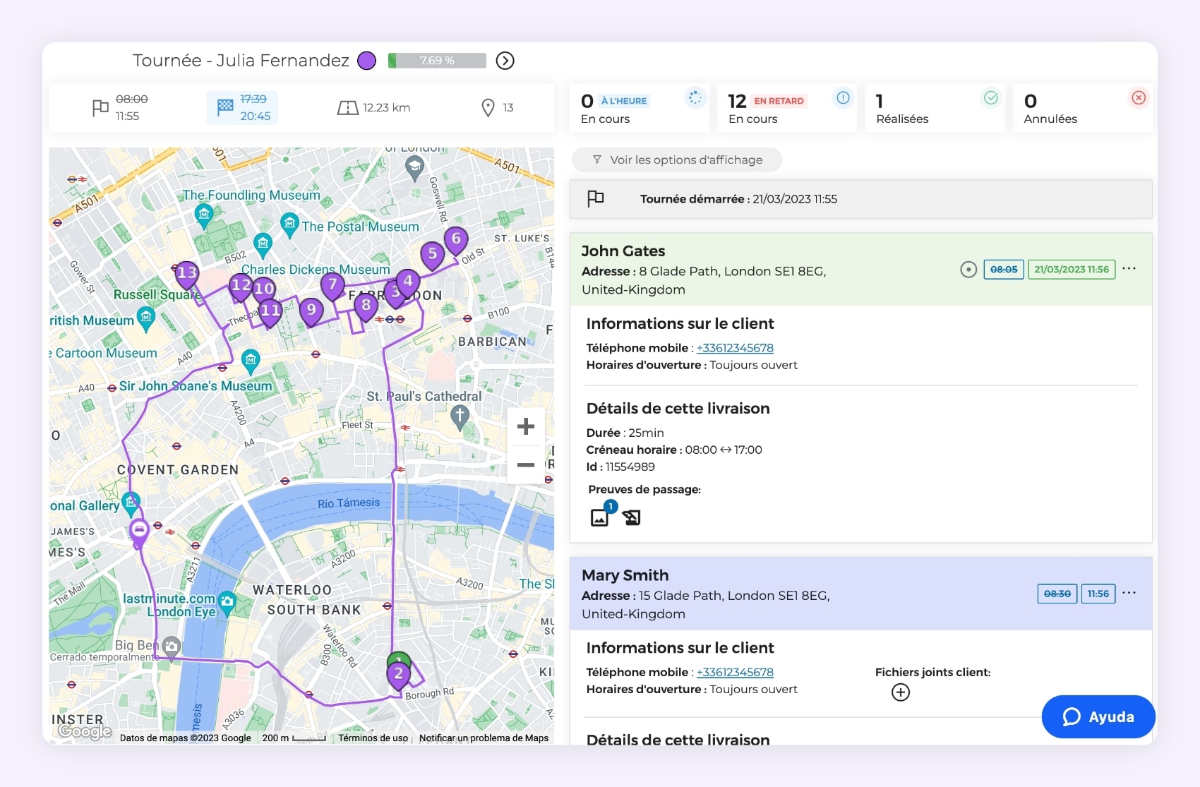 L'interface AntsRoute montrant le suivi en temps réel d'une tournée de livraison.