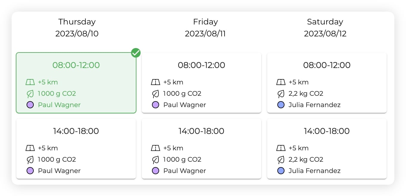 The planning interface of AntsRoute software showing delivery availabilities.