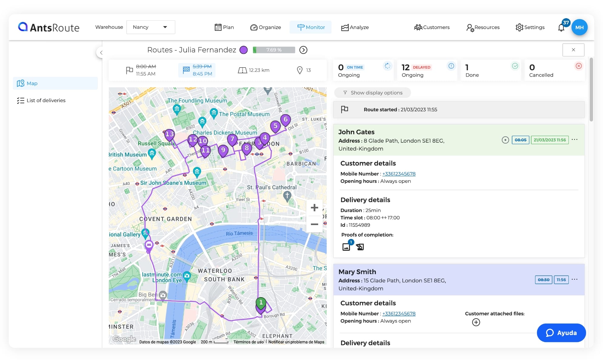 Dashboard of the delivery route tracking on AntsRoute.