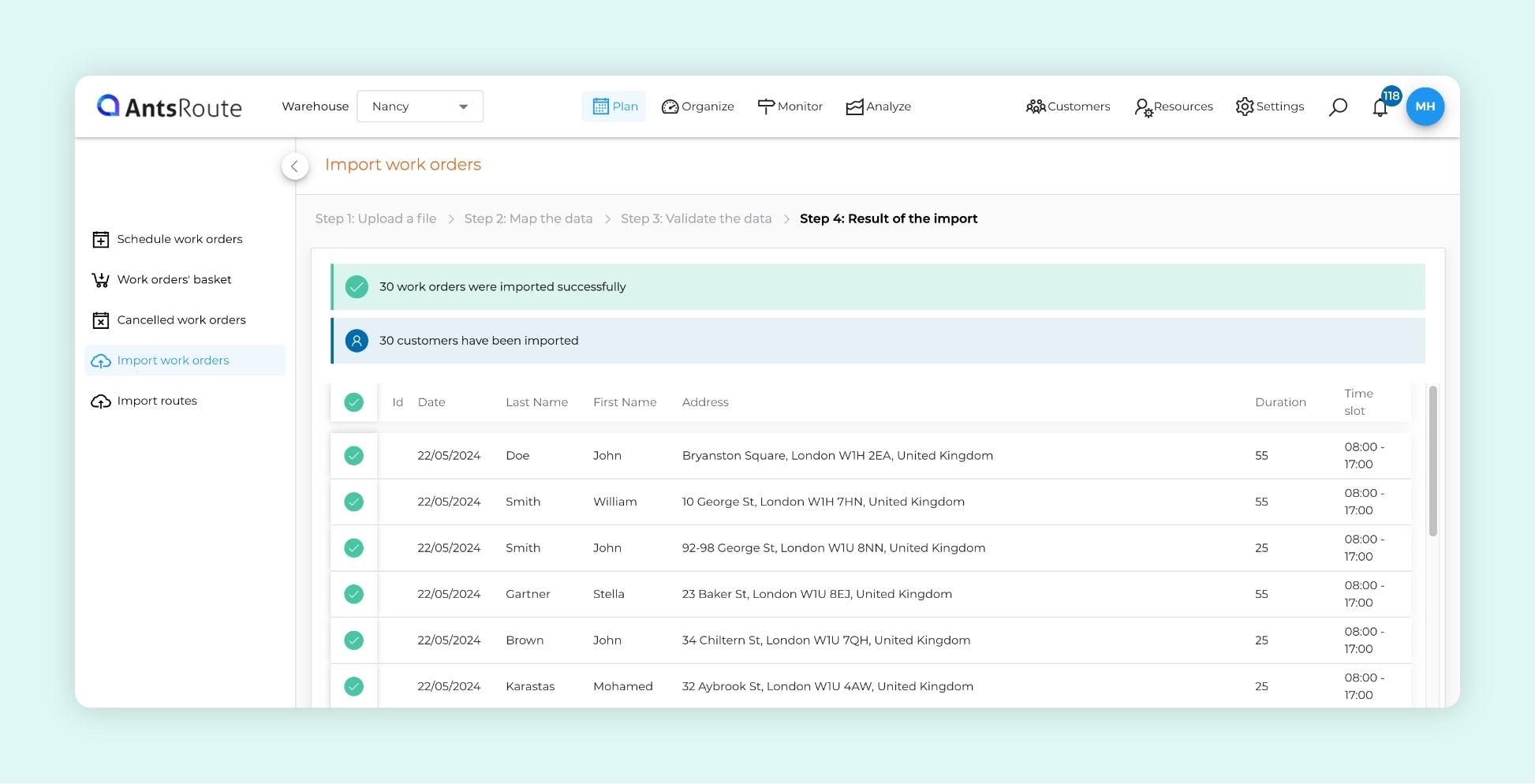 The AntsRoute interface showing the import of several field service operations via an Excel file.