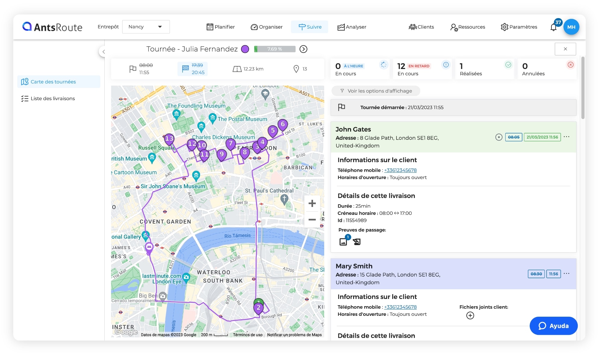 Le logiciel d'optimisation de transport AntsRoute montrant une tournée en cours sur une carte.