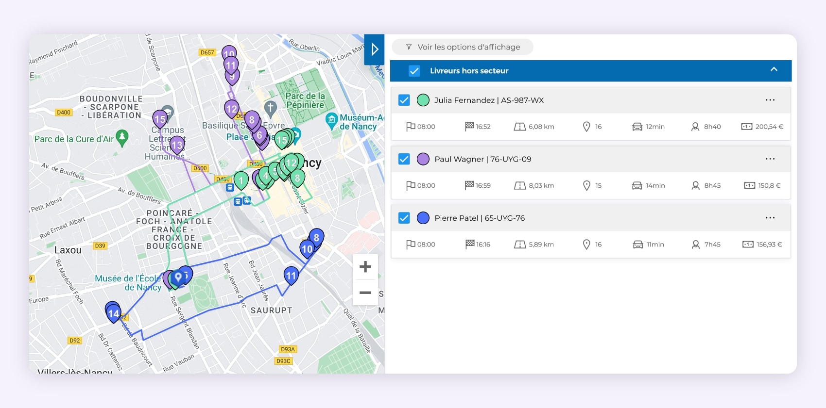 L'interface AntsRoute montrant trois tournées de livraison optimisées sur une carte.