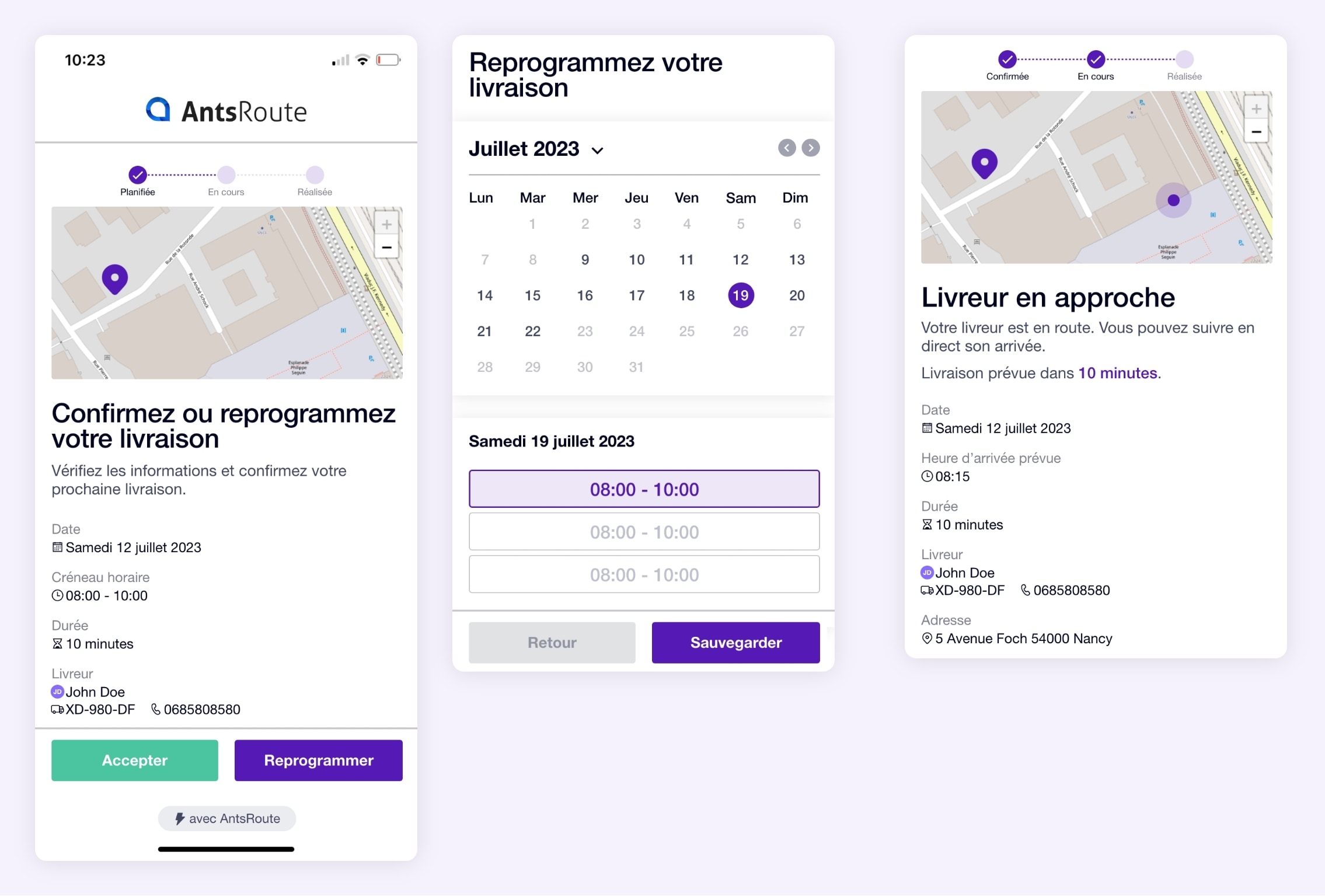 Les liens AntsRoute de reprogrammation d’une livraison et de geotracking d’un chauffeur.