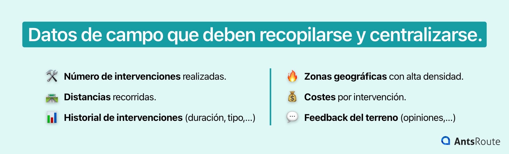 Esquema que presenta los datos de las operaciones en terreno que deben registrarse y centralizarse.