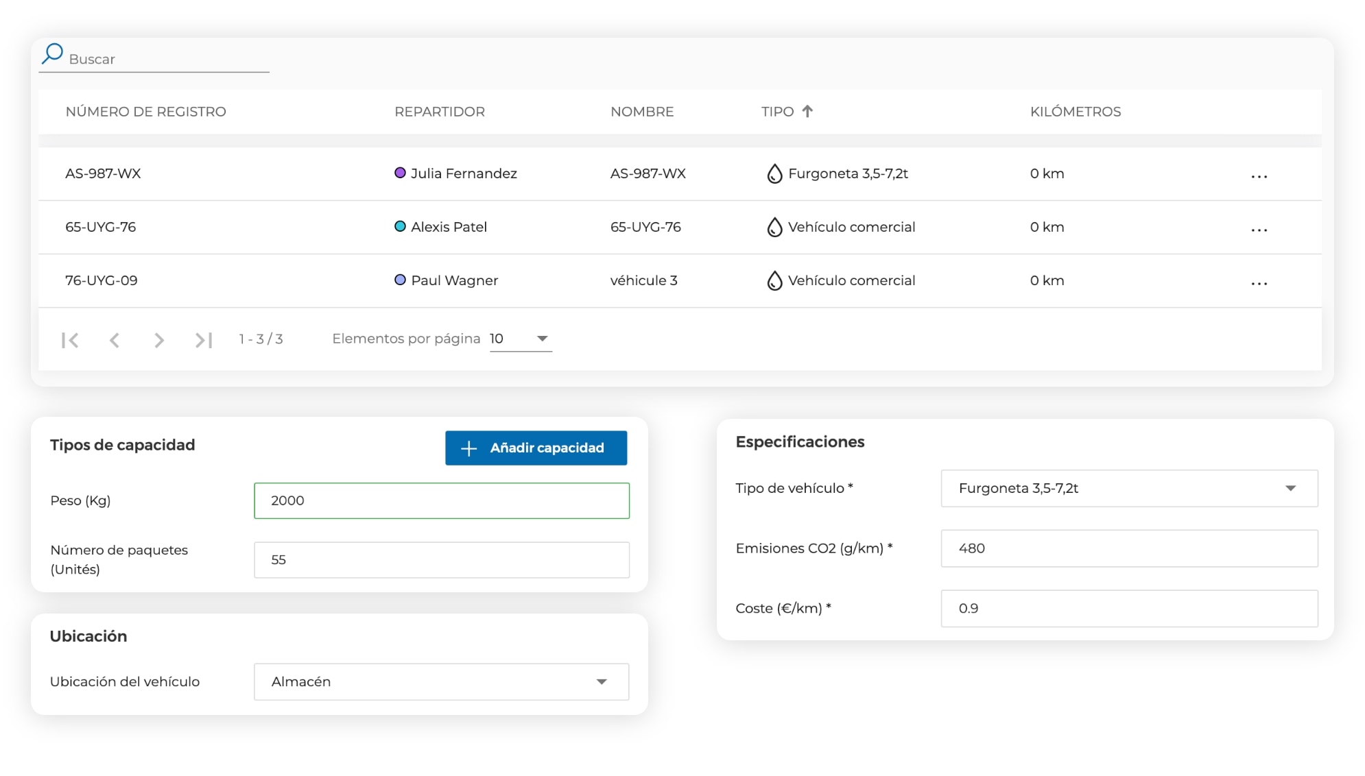 La interfaz de AntsRoute muestra cómo configurar un vehículo.