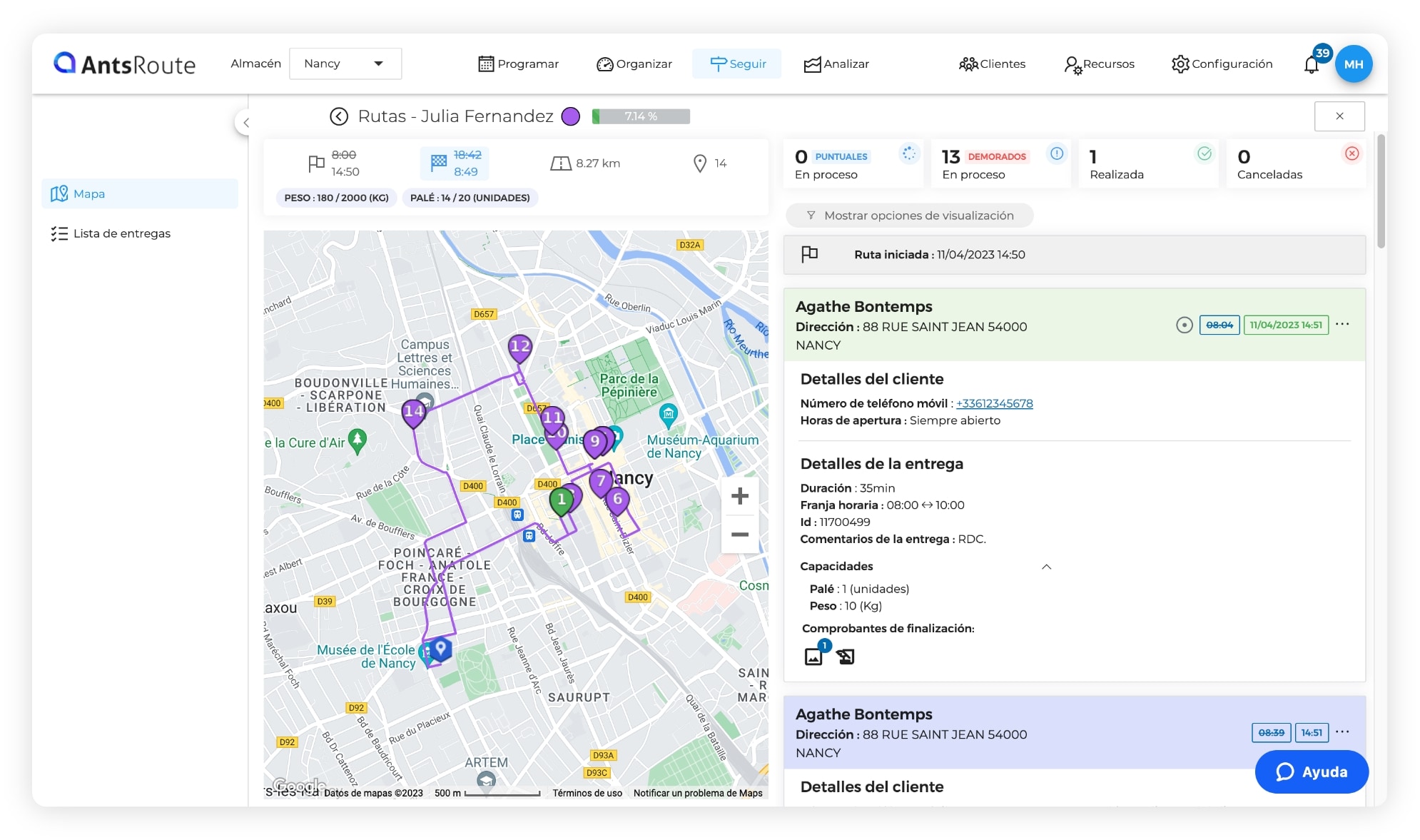 La interfaz AntsRoute muestra una ruta en curso en un mapa.