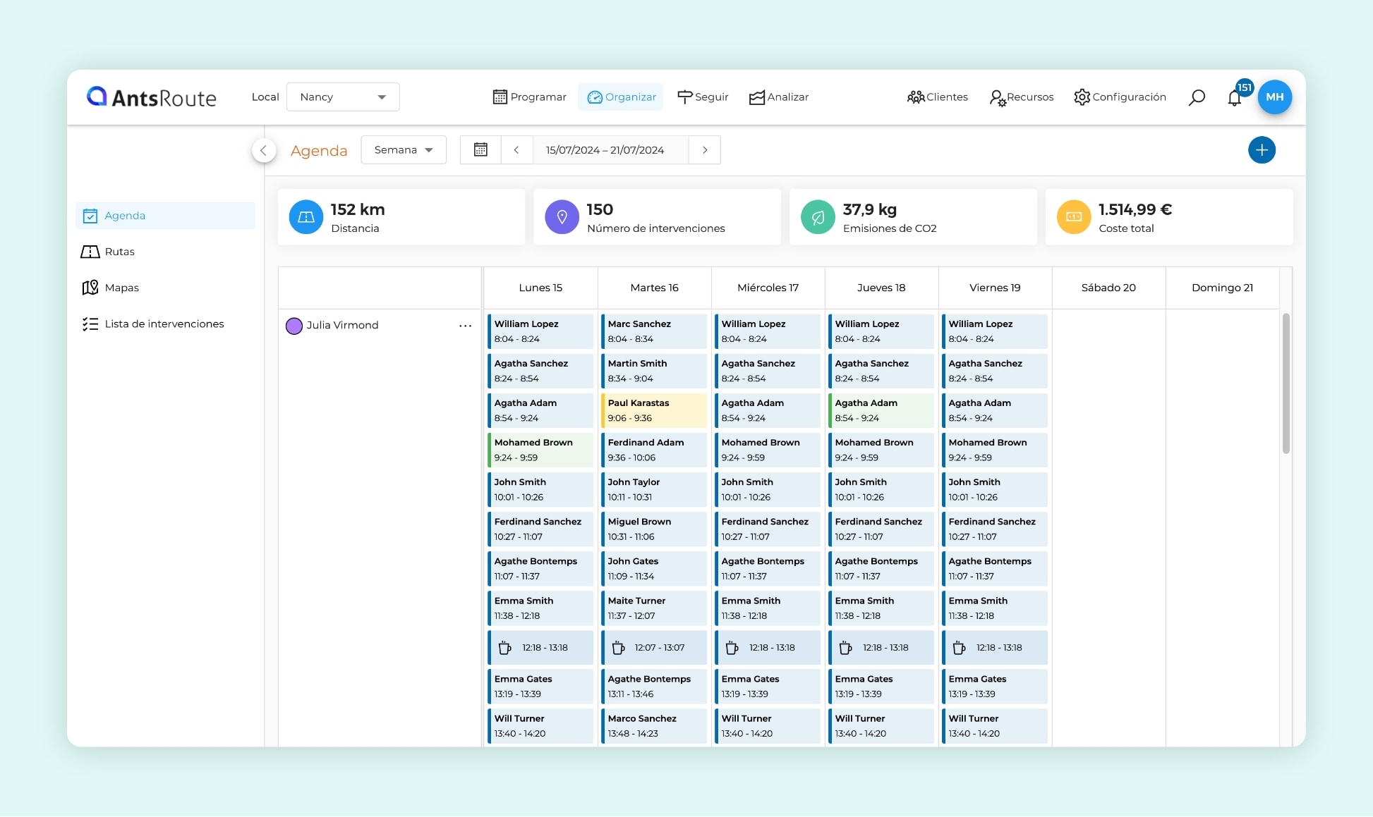 La interfaz de AntsRoute muestra el programa de mantenimiento semanal de un técnico.