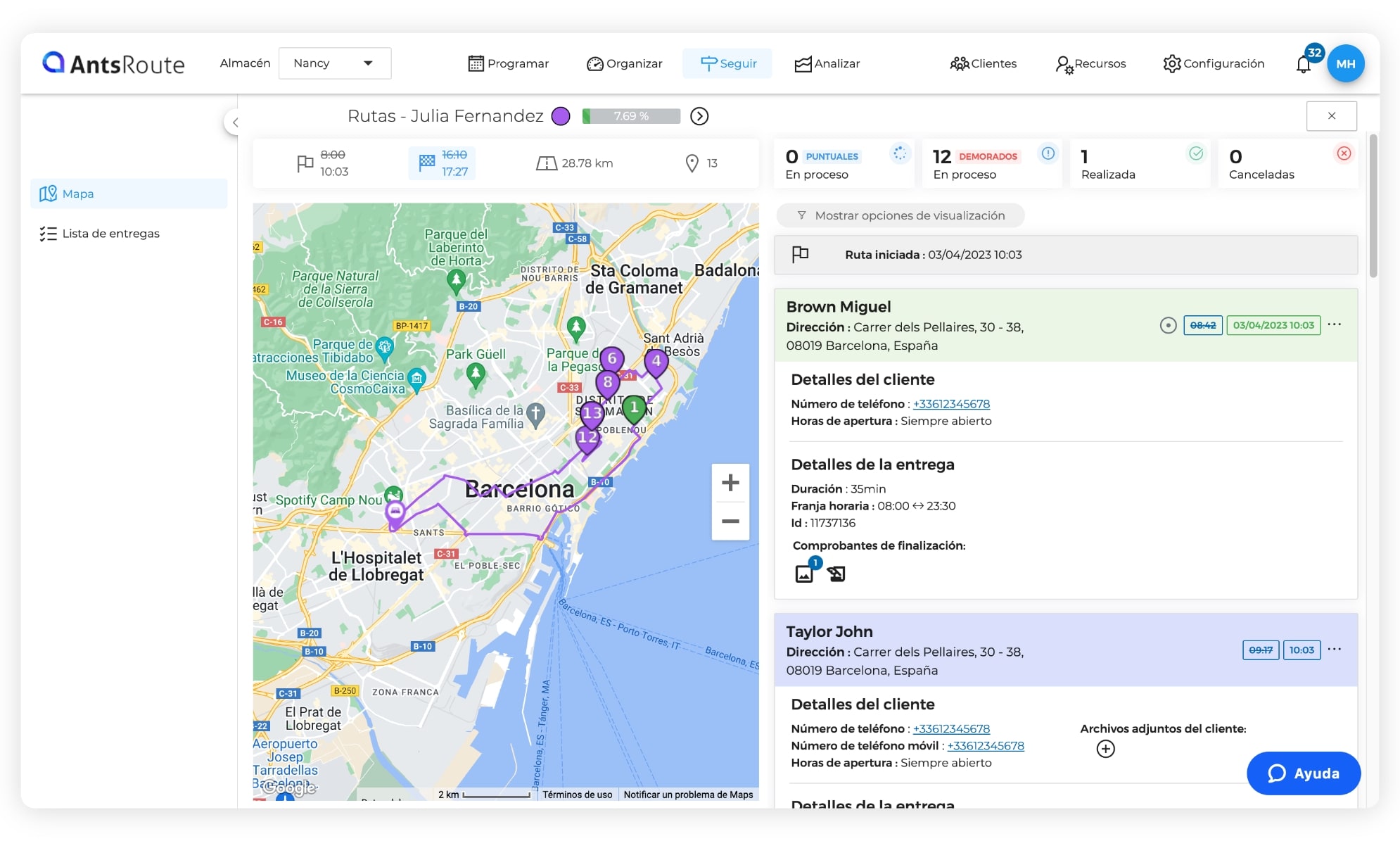 Vista del seguimiento de una ruta de entrega con AntsRoute.