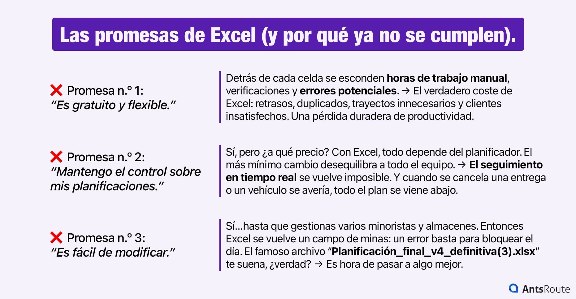 Esquema que muestra las promesas de Excel y por qué ya no son válidas en el sector del transporte.