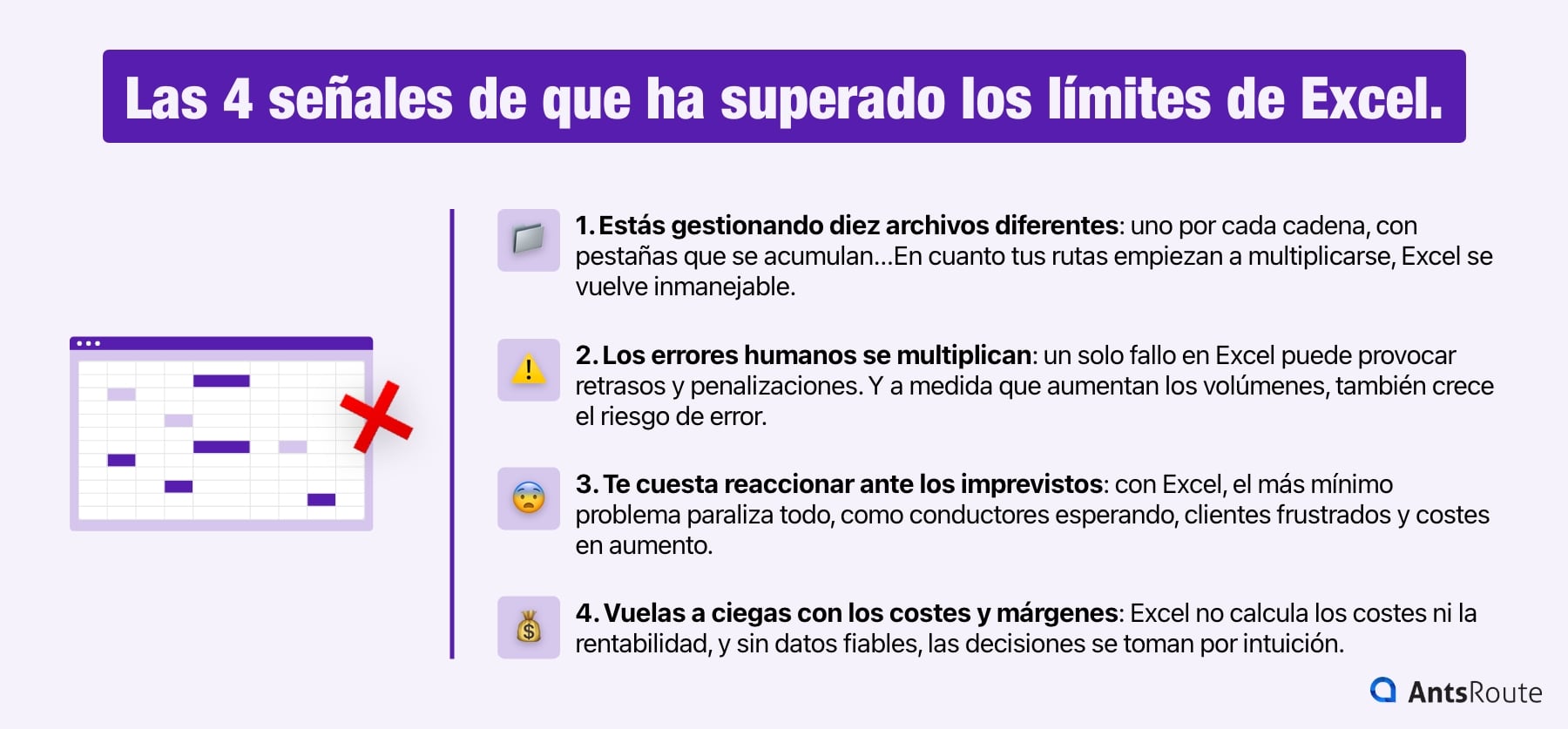 Esquema que muestra las 4 señales de haber superado los límites de Excel en el sector del transporte.