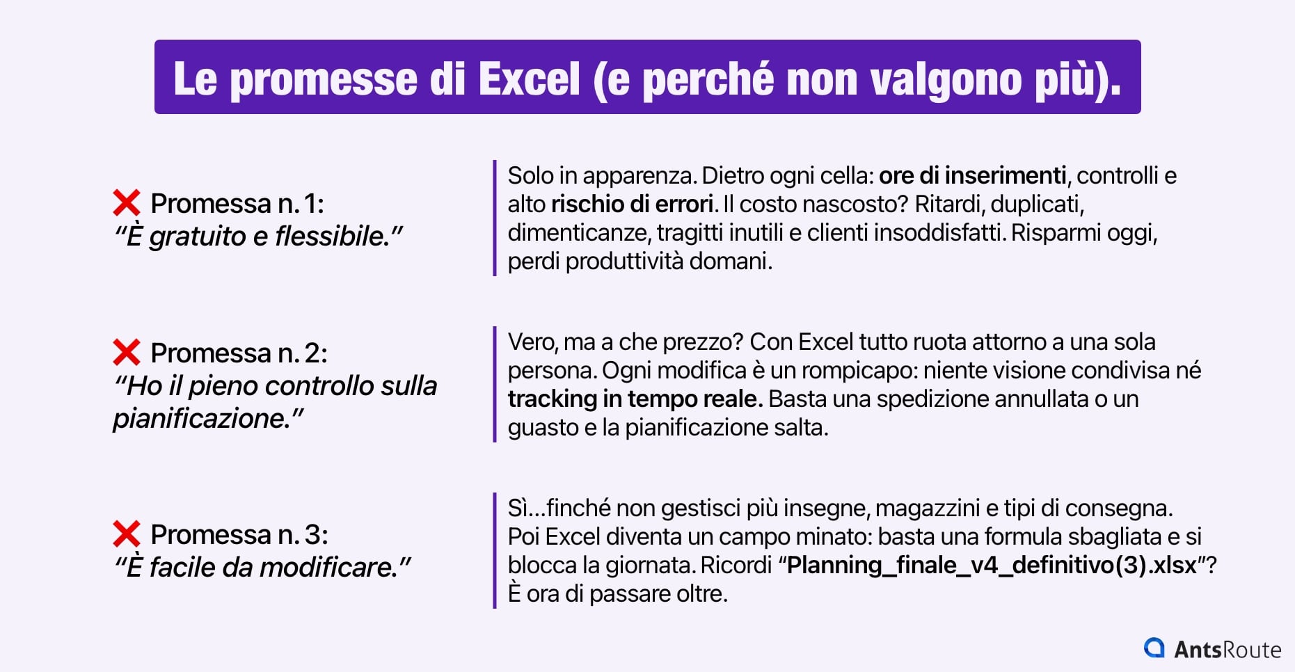 Schema che illustra le promesse di Excel e perché non reggono più nel settore dei trasporti.