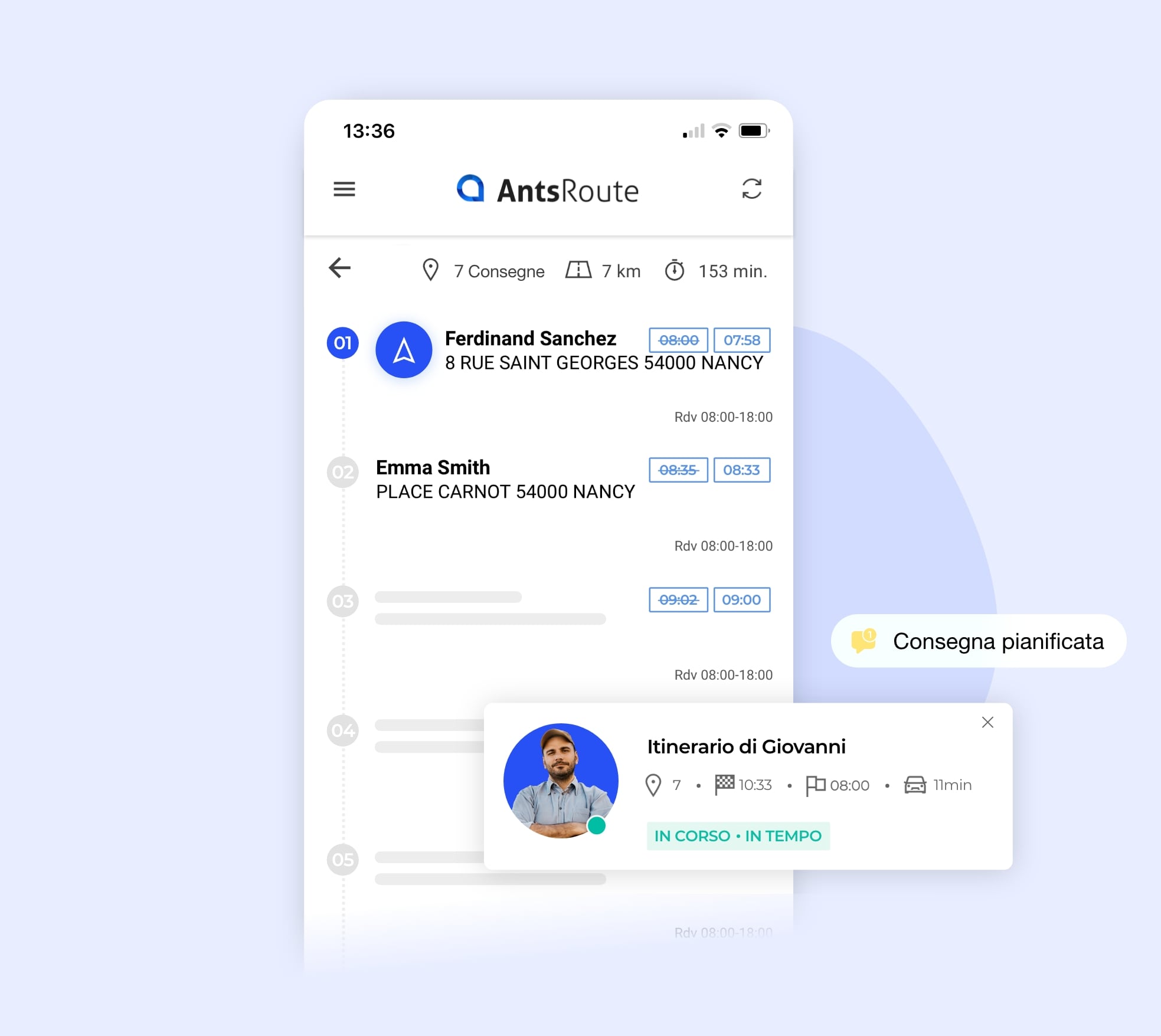 La pianificazione dei giri dell'applicazione mobile AntsRoute.