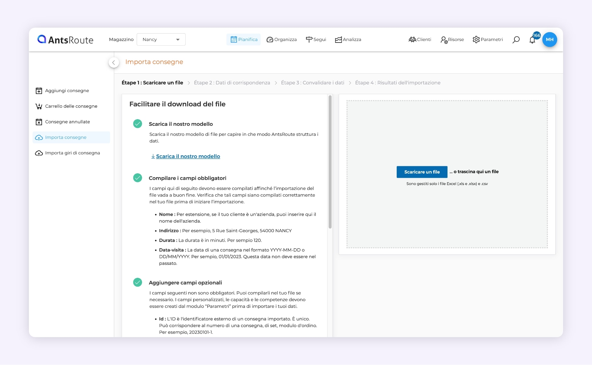 L'interfaccia del software AntsRoute mostra l'importazione di un file Excel.