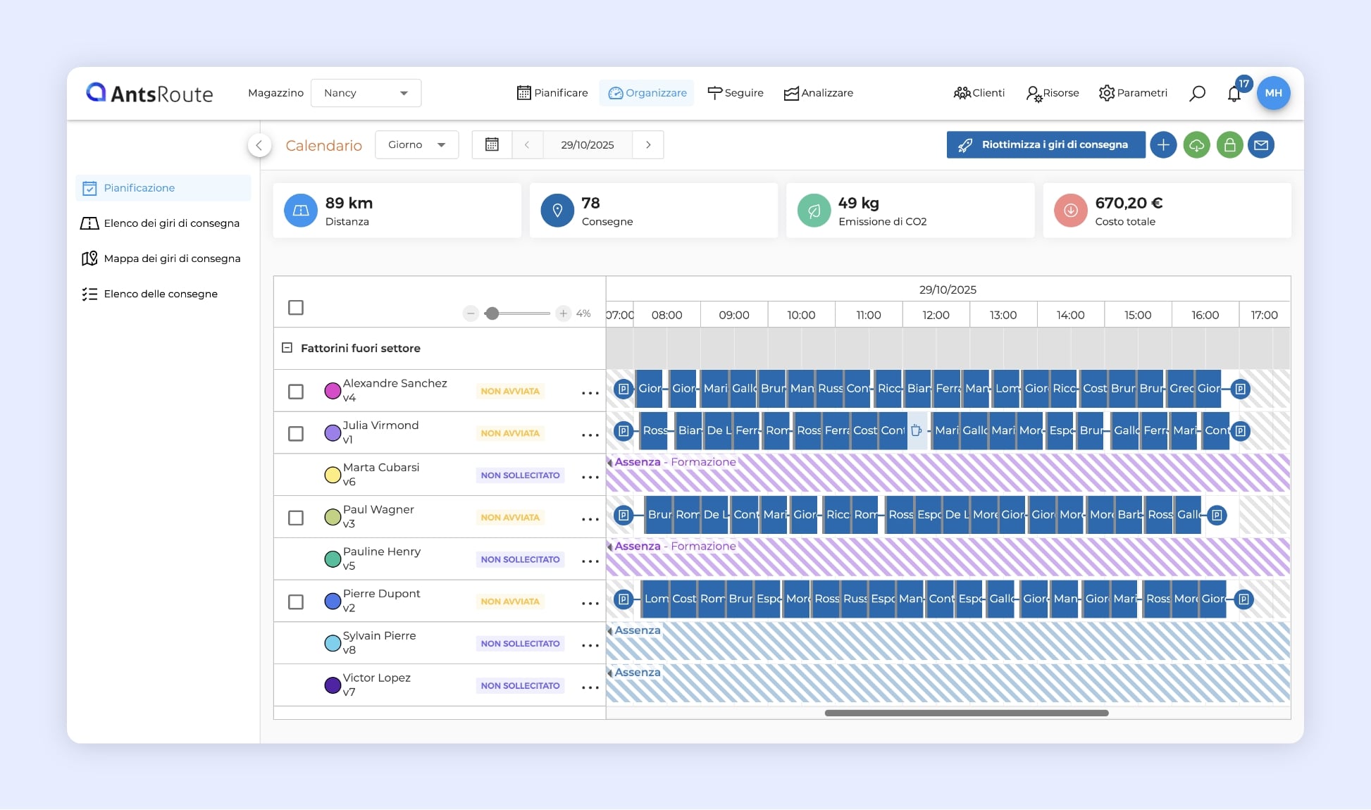 Schermata dell’interfaccia di pianificazione dei giri: pianificazione di 4 squadre sul campo con l’elenco delle fermate da effettuare, con stato e orari.
