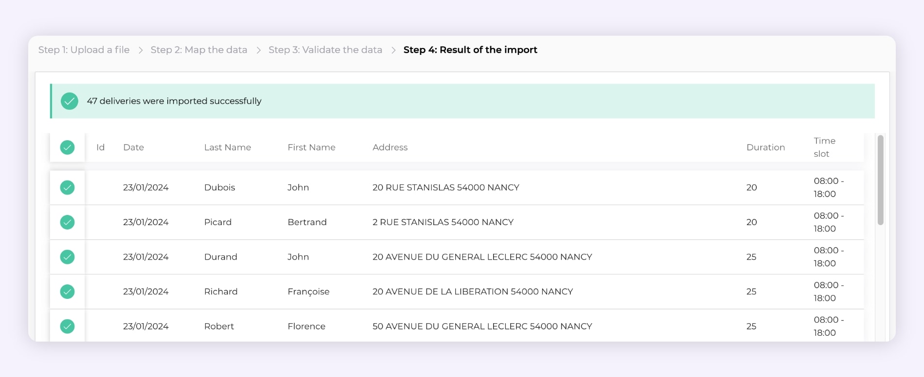 The AntsRoute interface showing the validation of data imported from an Excel file.
