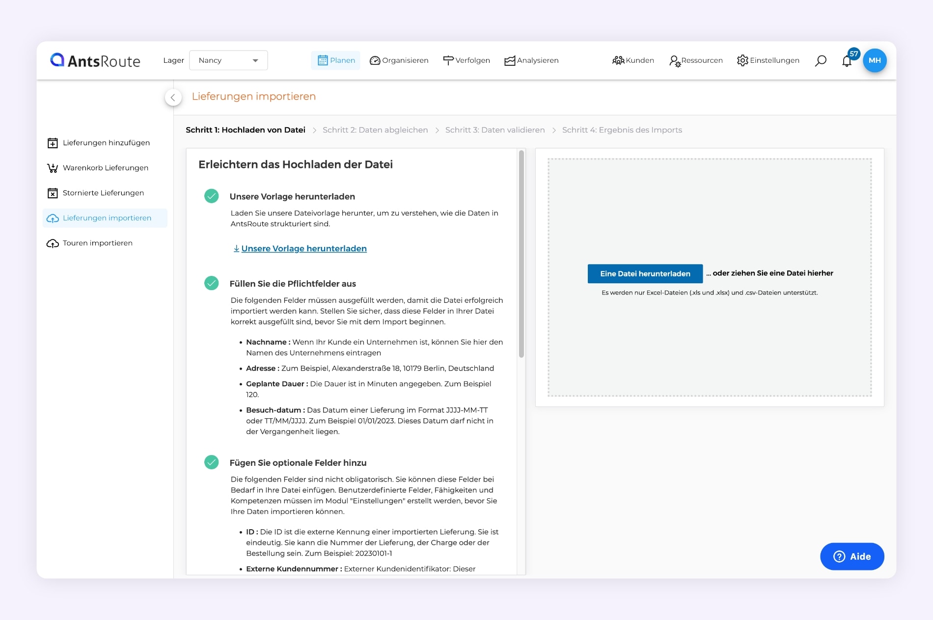 Das AntsRoute-Modul zum Import von Lieferungen oder Serviceeinsätzen.