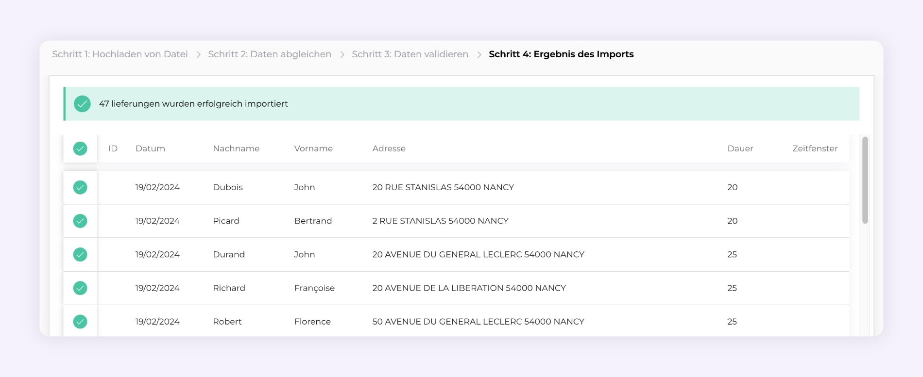 Die AntsRoute-Schnittstelle, die die Validierung des Lieferimports zeigt.