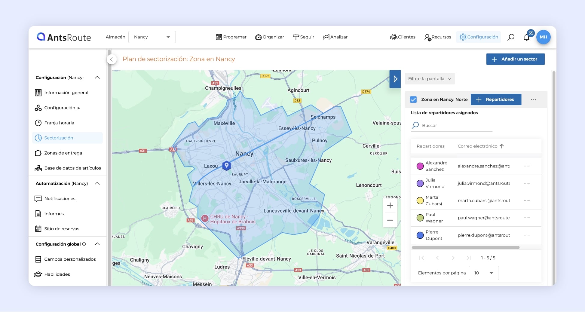 Mapa de AntsRoute con sectores de intervención y repartidores asignados para planificar las rutas.