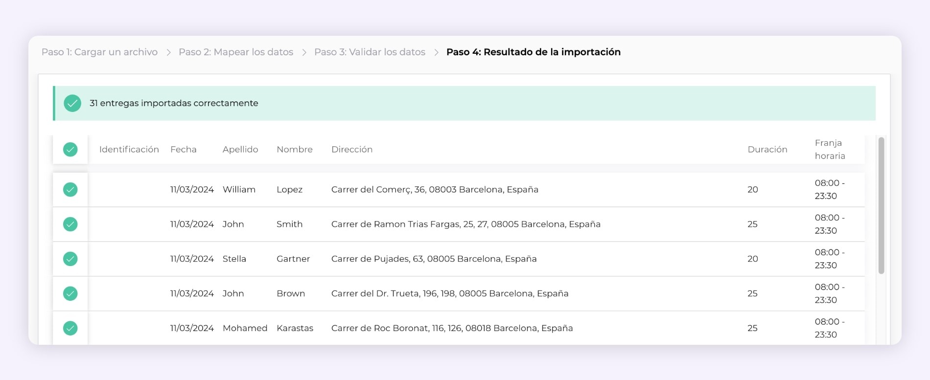 La interfaz del software AntsRoute mostrando la validación de la importación de entregas.
