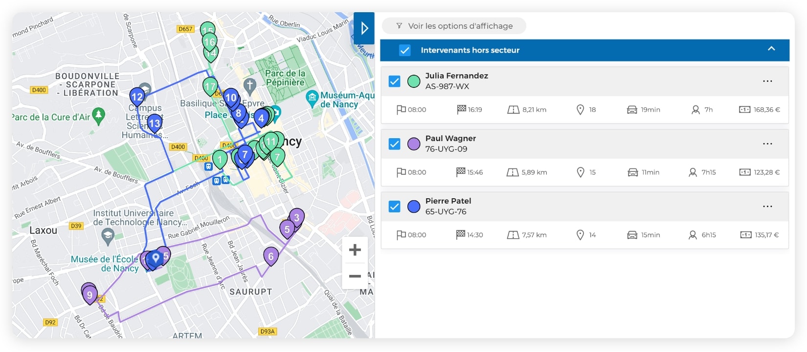 L'interface AntsRoute montrant des tournées de soins à domicile sur une carte.