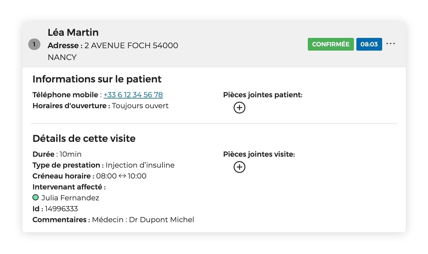 Les détails d'une intervention de soins à domicile sur AntsRoute.