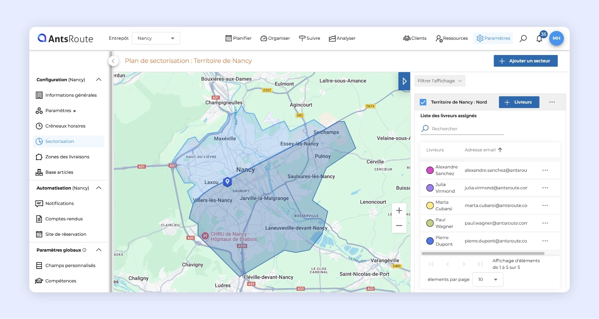 Carte AntsRoute avec secteurs d’intervention et livreurs affectés pour planifier les tournées.