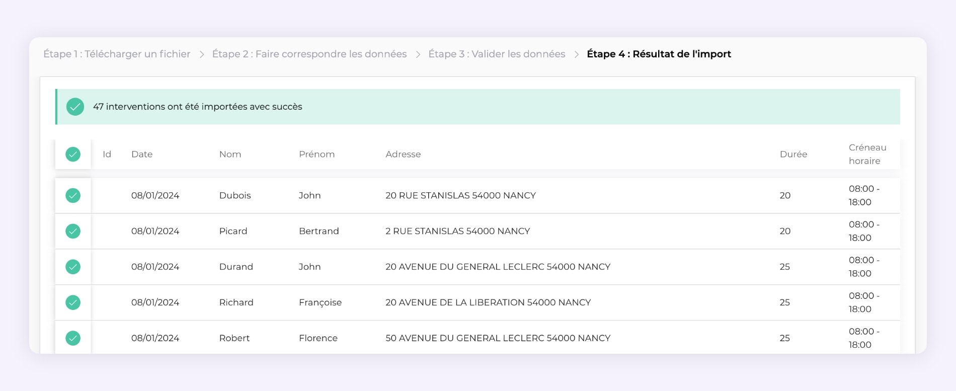 L'interface du logiciel d'optimisation de tournées AntsRoute montrant la validation des données d'un fichier Excel.
