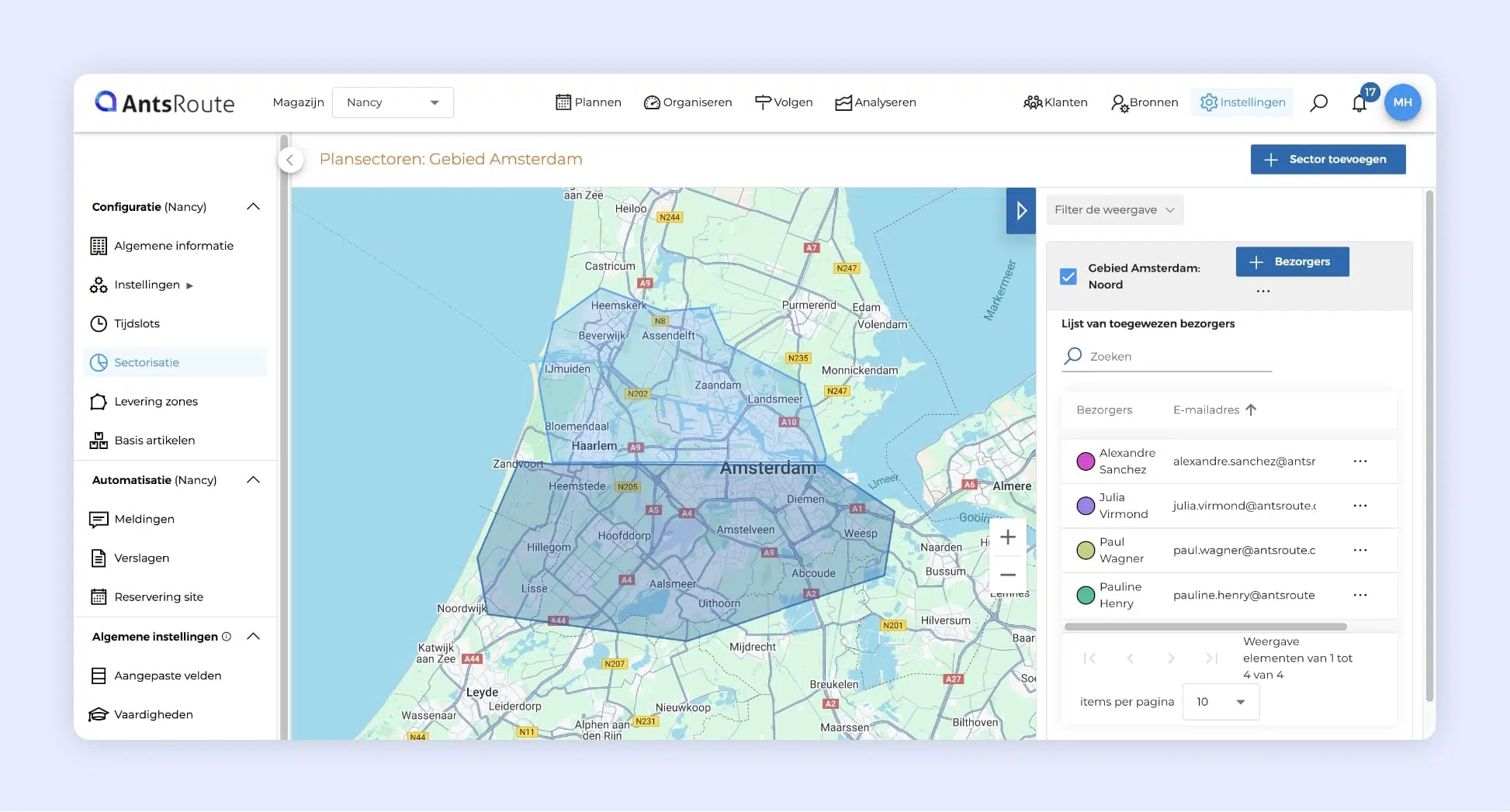 AntsRoute-kaart met interventiezones en toegewezen bezorgers voor het plannen van de routes.