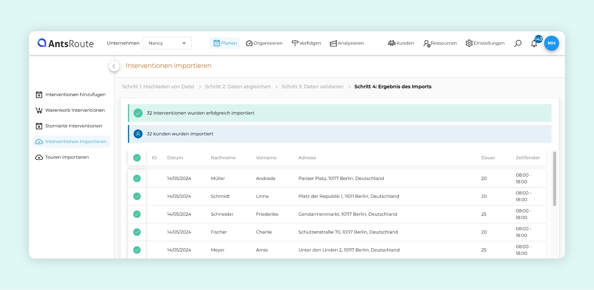 AntsRoute-Schnittstelle zeigt den Import einer Excel-Datei mit Außendiensteinsätzen