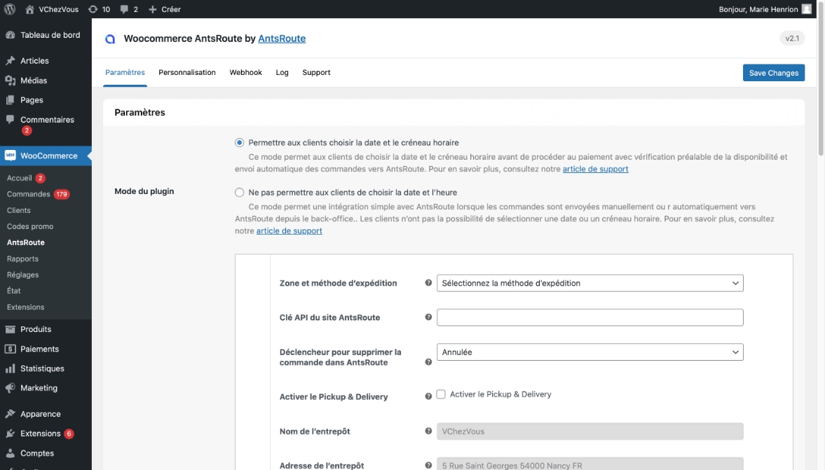 interface du plugin WooCommerce Local Delivery Date Picker, Time Slots & Route Optimization by AntsRoute