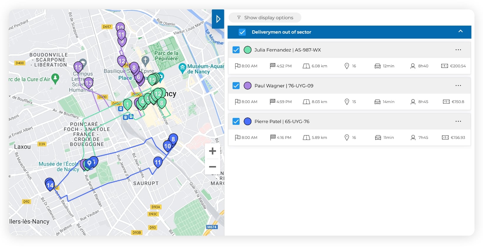 The AntsRoute interface showing three routes on a map