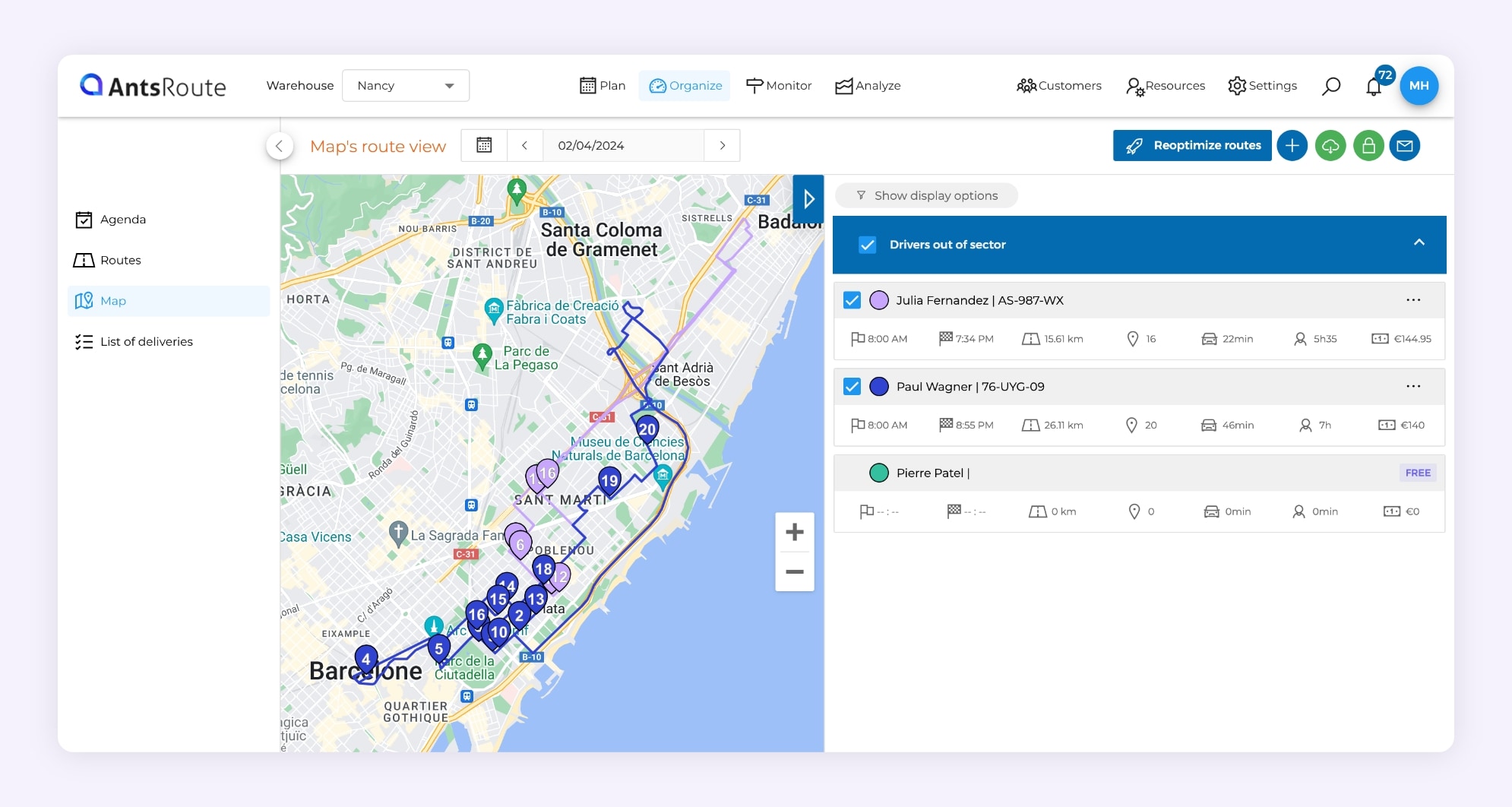 The AntsRoute interface showing two optimised delivery routes.