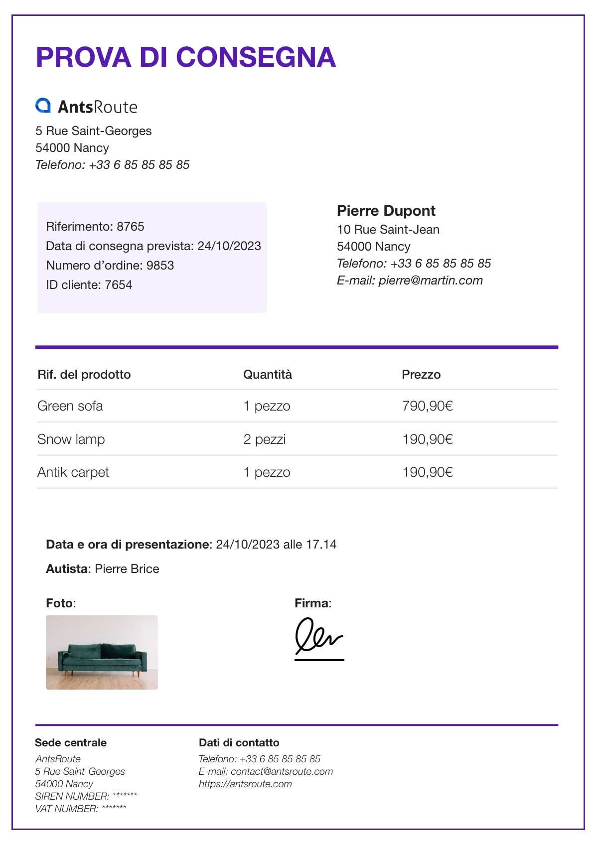 Un modello di prova di consegna generato con AntsRoute