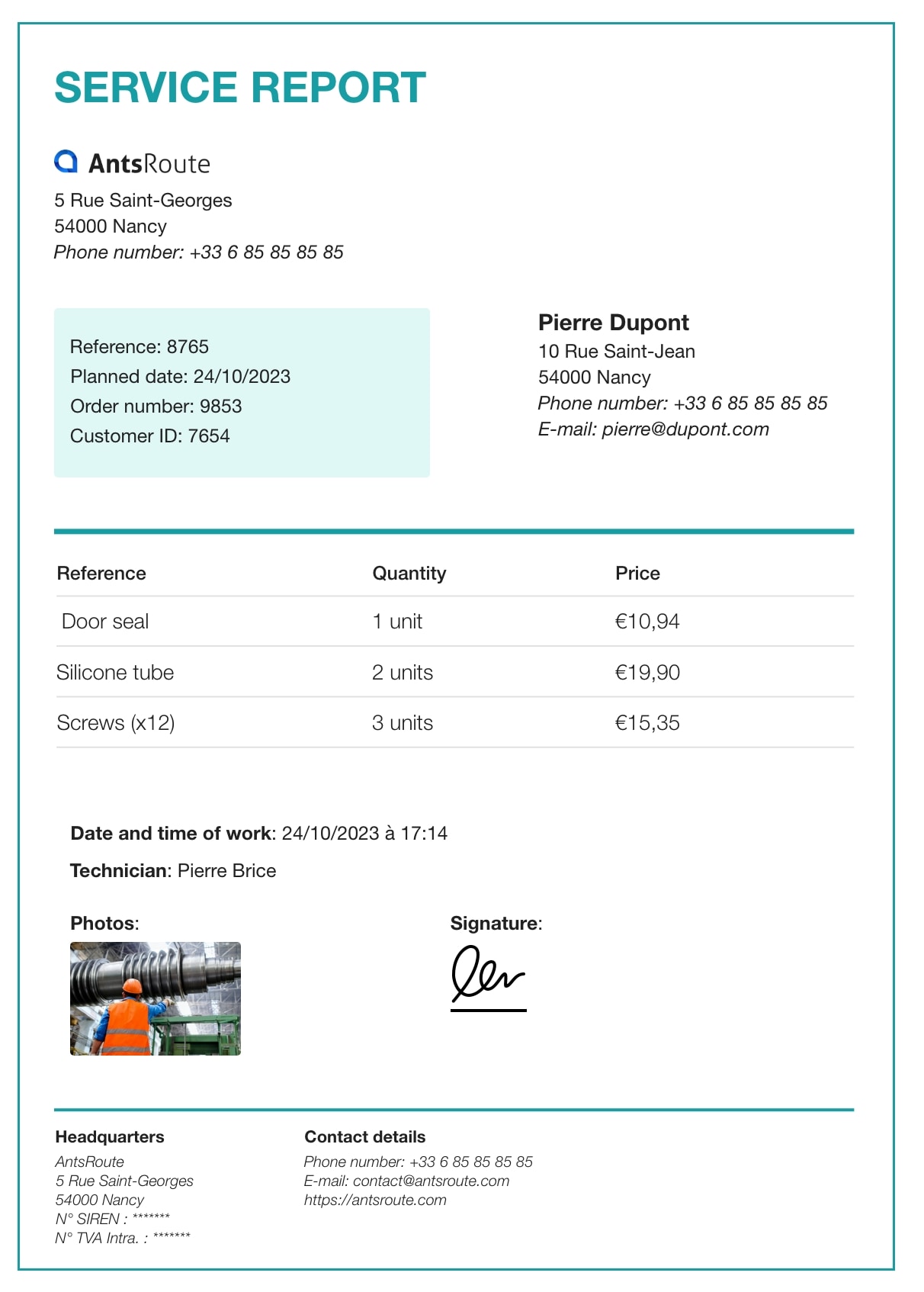 A service report generated with AntsRoute.