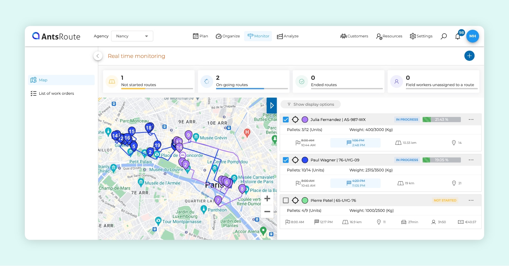 The AntsRoute software interface showing two ongoing field service routes.