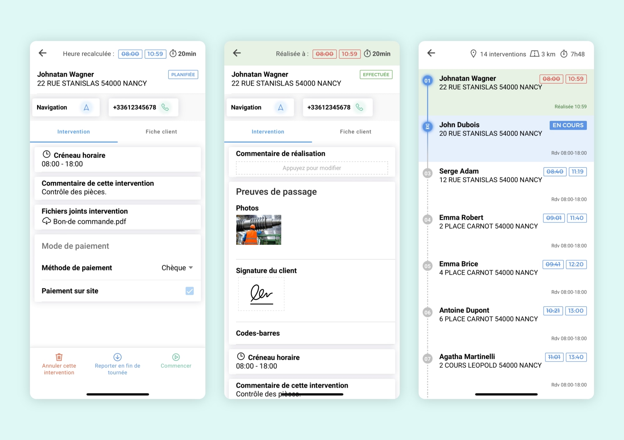 La validation d'une intervention avec photos et preuves de passage sur l'application mobile AntsRoute.