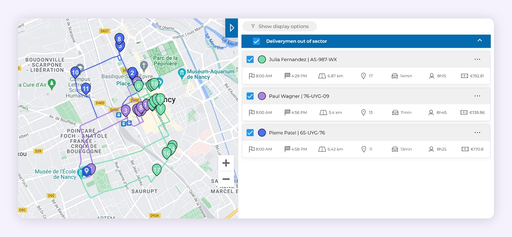 The AntsRoute interface showing three routes on a map.